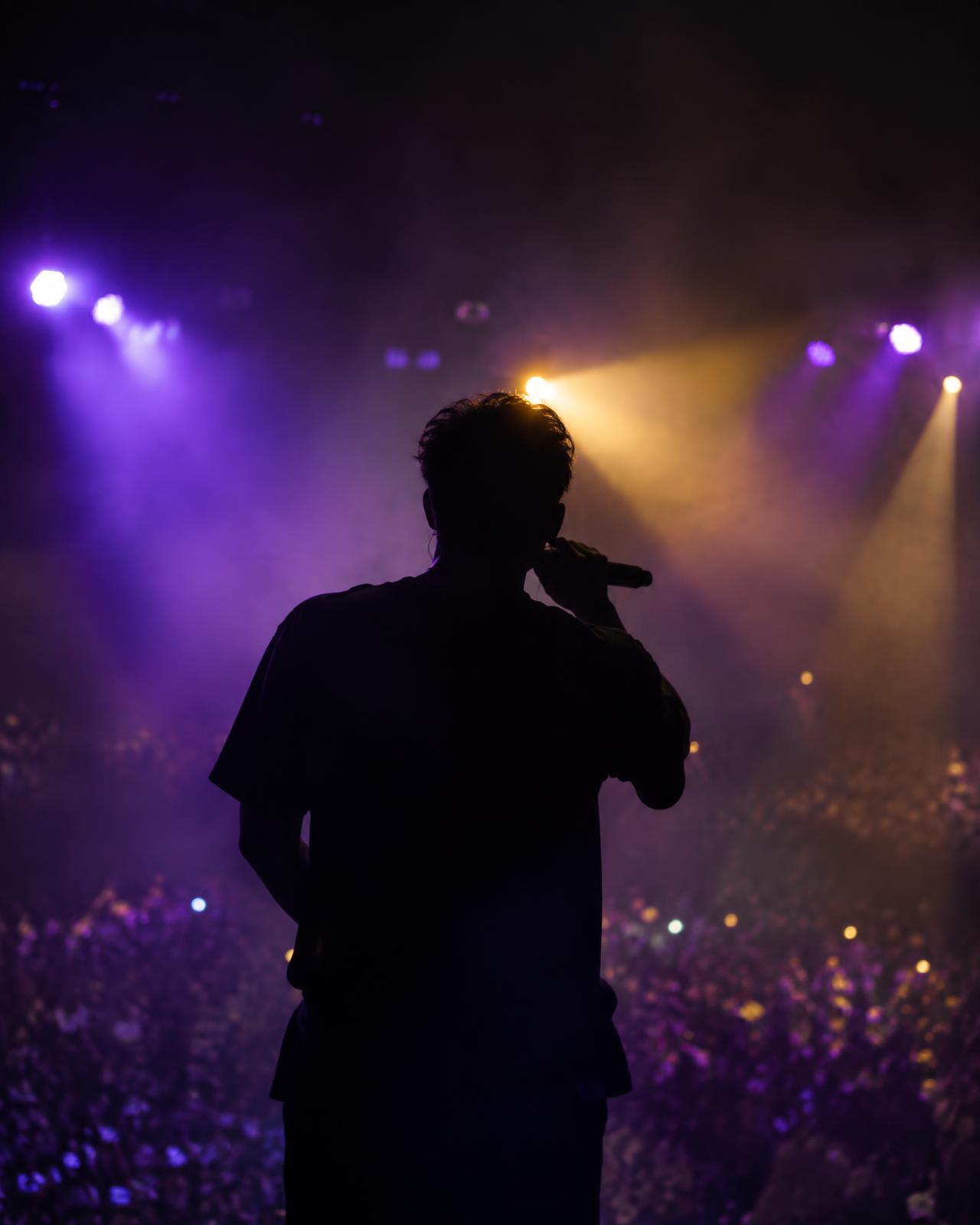 Performer on stage under purple and gold lights